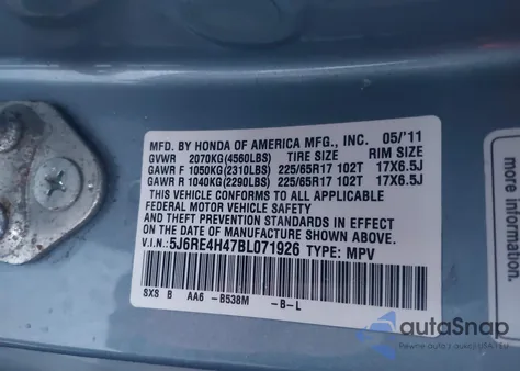 2011 Honda Cr-V Se from USA, damaged, VIN 5J6RE4H47BL071926